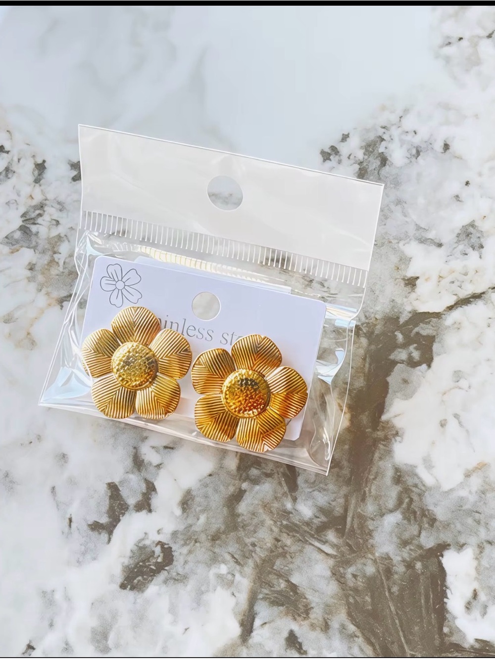 Gold Flower Clip-On Earrings - Stainless Steel